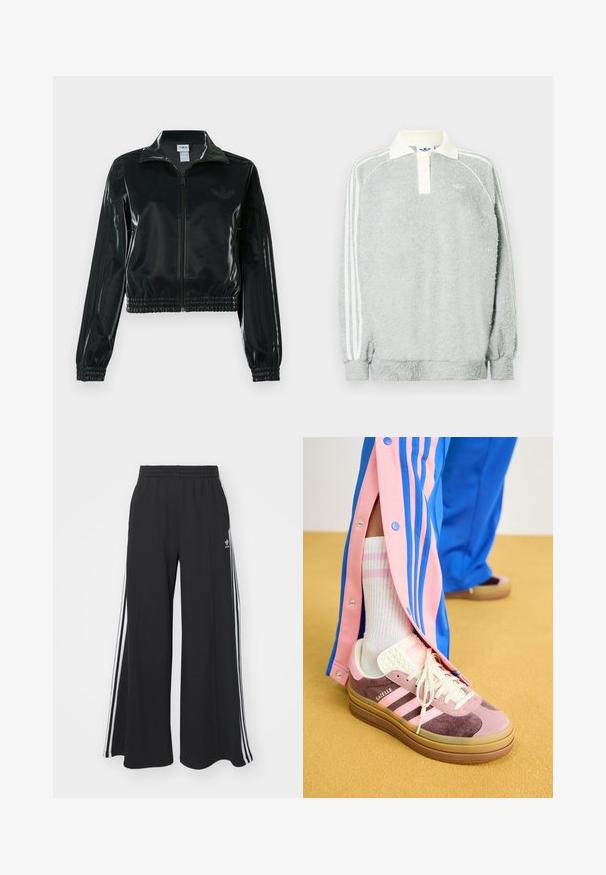 Sort blank cropped jakke med glidelås foran, høy krage og elastisk nederkant. Har tre striper på ermene og en liten logo på brystet.; Grå fleece langermet polo med kremfarget krage, tre knapper og hvite striper langs ermene. Myk tekstur gjennom hele.; Svart vide joggebukser med elastisk midjebånd, med hvite sidestriper og brodert logo på venstre lår.; Rosa og lilla semsket skinn sneakers med beige såler, med hvite snører og tre rosa striper, kombinert med hvite sokker og blå treningsbukser.