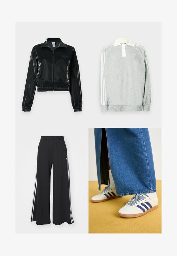 Black glossy cropped jacket with a zip front, high collar, and elasticized hem. Features three stripes on sleeves and a small logo on the chest.; Gray fleece long-sleeve polo with a cream collar, three buttons, and white stripes along the sleeves. Soft texture throughout.; Black wide-leg sweatpants with an elastic waistband, featuring white side stripes and an embroidered logo on the left thigh.; adidas Originals SAMBA OG - Trainers - off-white/dark blue/clear sky