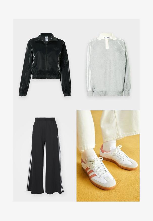 Sort blank cropped jakke med glidelås foran, høy krage og elastisk nederkant. Har tre striper på ermene og en liten logo på brystet.; Grå fleece langermet polo med kremfarget krage, tre knapper og hvite striper langs ermene. Myk tekstur gjennom hele.; Svart vide joggebukser med elastisk midjebånd, med hvite sidestriper og brodert logo på venstre lår.; Hvite joggesko med rosa detaljer, laget av semsket skinn og lær, rund tå og gummisåle, vist sammen med lyse sokker på en gul bakgrunn.