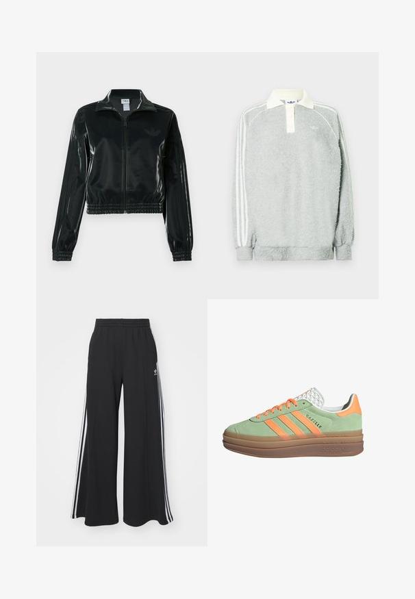 Fekete, fényes rövidített dzseki cipzárral az elején, magas gallérral és elasztikus szegéllyel. Három csík díszíti az ujjakat, és kis logó található a mellrészen.; Szürke polár hosszúujjú póló krémszínű gallérral, három gombbal, és fehér csíkokkal az ujjak mentén. Puha tapintású az egész felülete.; Fekete, bő szárú melegítőnadrág, rugalmas derékkal, fehér oldalsávokkal és hímzett logóval a bal combon.; adidas Originals GAZELLE BOLD - Sportcipő - semi green spark screaming orange core white