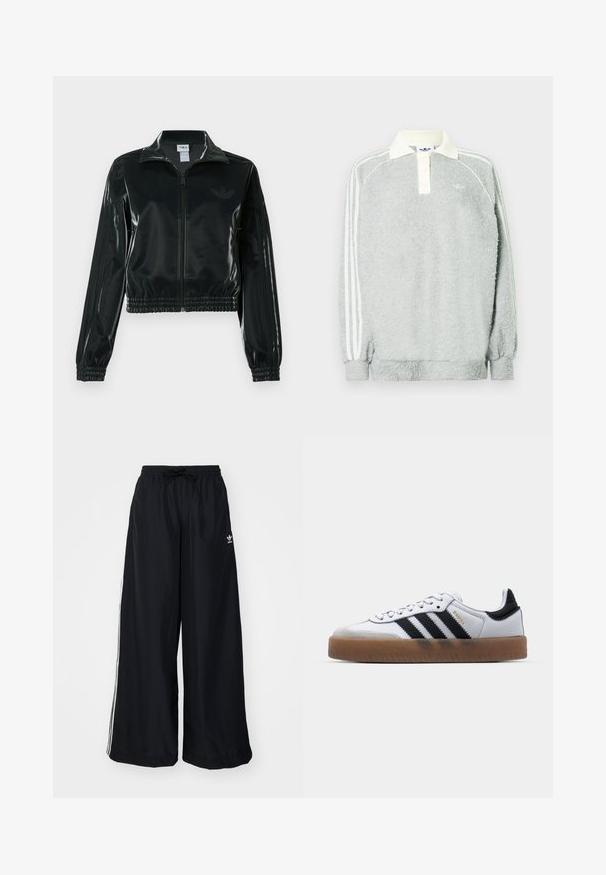 Casaco curto preto brilhante com fecho de correr frontal, gola alta e bainha elástica. Apresenta três riscas nas mangas e um pequeno logotipo no peito.; Polo de manga longa cinza em fleece com colarinho creme, três botões e riscas brancas ao longo das mangas. Textura suave em todo o material.; Calças largas pretas feitas de um tecido leve. Apresenta uma cintura elástica com cordão e riscas brancas laterais. Logótipo da marca na anca.; Sapatilhas brancas em pele com riscas pretas, sola em borracha de gumo, bico redondo, fecho com atacadores e ponta em camurça cinza suave.