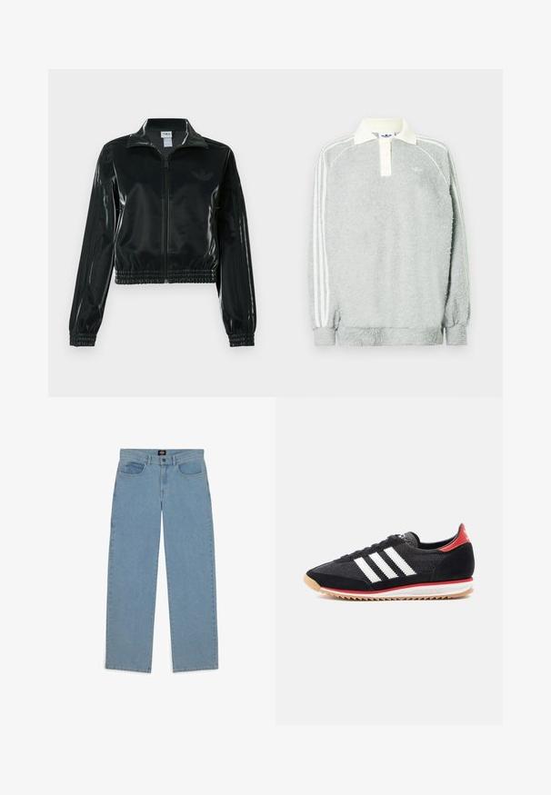 Juoda blizgi trumpa striukė su užtrauktuku priekyje, aukštu apykakliu ir elastine apačia. Rankovėse trys dryžiai ir mažas logotipas ant krūtinės.; Pilkas fliso polo su ilgomis rankovėmis, kreminės spalvos apykakle, trimis mygtukais ir baltais dryžiais palei rankoves. Minkšta tekstūra visoje aprangoje.; Šviesiai mėlyni džinsai, laisvas siluetas, džinsinio audinio, penkių kišenių dizainas, užsegimas mygtuku, tiesūs blauzdos, matoma siuvimo linija, be raštų ar akcentų.; Juodas sportinis batelis su baltais dryžiais, zomšos detalėmis ir raudonu kulnu. Tinklelio tekstūra ir guminis padas su šviesiai rudu protektoriumi.