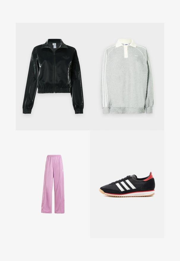 Jachetă neagră lucioasă, scurtă, cu fermoar frontal, guler înalt și tiv elastic. Are trei dungi pe mâneci și un mic logo pe piept.; Polo din fâșie gri, cu mâneci lungi, guler crem, trei butoane și dungi albe pe mâneci. Textură moale în toată întinderea.; adidas Originals FIREBIRD LOOSE TRACK - Pantaloni de trening - preloved purple; Pantof sportiv negru cu dungi albe, accente din piele intoarsă și toc roșu. Textură mesh și talpă de cauciuc cu crampoane maro deschis.