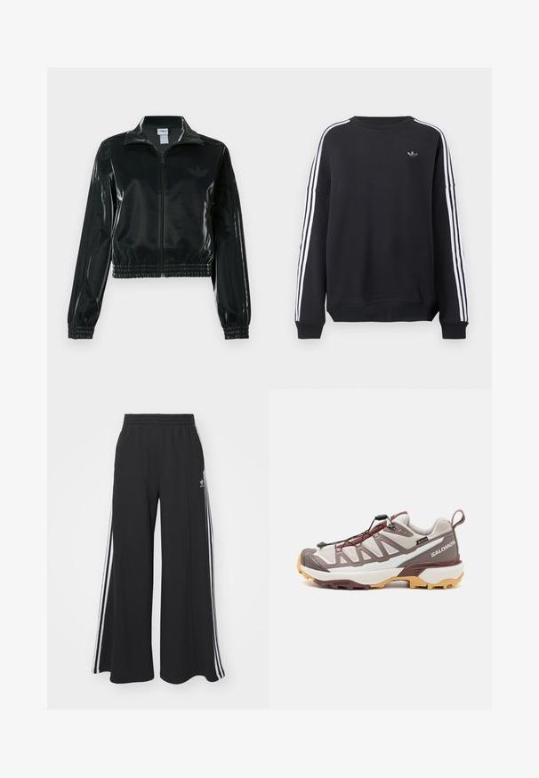 Black glossy cropped jacket with a zip front, high collar, and elasticized hem. Features three stripes on sleeves and a small logo on the chest.; Black sweatshirt with long sleeves, white stripes running down each arm, and a small gray logo on the chest. Cotton material, casual fit.; Black wide-leg sweatpants with an elastic waistband, featuring white side stripes and an embroidered logo on the left thigh.; Salomon X ULTRA 360 EDGE GTX - Hiking shoes - silver cloud/iron/rum raisin