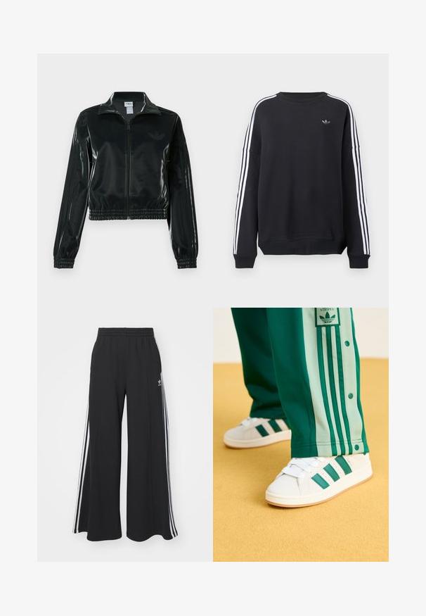 Sort blank cropped jakke med glidelås foran, høy krage og elastisk nederkant. Har tre striper på ermene og en liten logo på brystet.; Svart genser med lange ermer, hvite striper langs hver arm og en liten grå logo på brystet. Laget av bomull, avslappet passform.; Svart vide joggebukser med elastisk midjebånd, med hvite sidestriper og brodert logo på venstre lår.; Hvite sneakers med grønne striper, gummisåle og teksturert overflate, sammen med grønne joggebukser med lysegrønne sidestriper og trykknapper.
