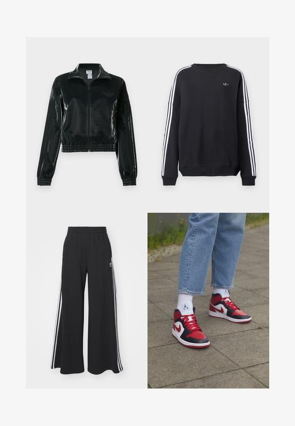 Black glossy cropped jacket with a zip front, high collar, and elasticized hem. Features three stripes on sleeves and a small logo on the chest.; Black sweatshirt with long sleeves, white stripes running down each arm, and a small gray logo on the chest. Cotton material, casual fit.; Black wide-leg sweatpants with an elastic waistband, featuring white side stripes and an embroidered logo on the left thigh.; Jordan AIR JORDAN 1 MID - High-top trainers - black/gym red/white