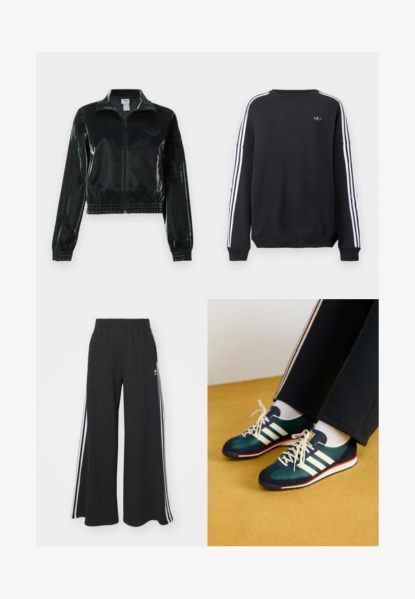 Casaco curto preto brilhante com fecho de correr frontal, gola alta e bainha elástica. Apresenta três riscas nas mangas e um pequeno logotipo no peito.; Sweatshirt preta de manga comprida, com riscas brancas a correr ao longo de cada braço e um pequeno logótipo cinza no peito. Material de algodão, corte casual.; Calças de suor largas e pretas com uma cintura elástica, apresentando riscas brancas nas laterais e um logótipo bordado na coxa esquerda.; Tênis verde em camurça e malha com riscas brancas e acabamentos em vermelho. Apresenta uma sola plana e bico redondo, com atacadores em tom de creme.