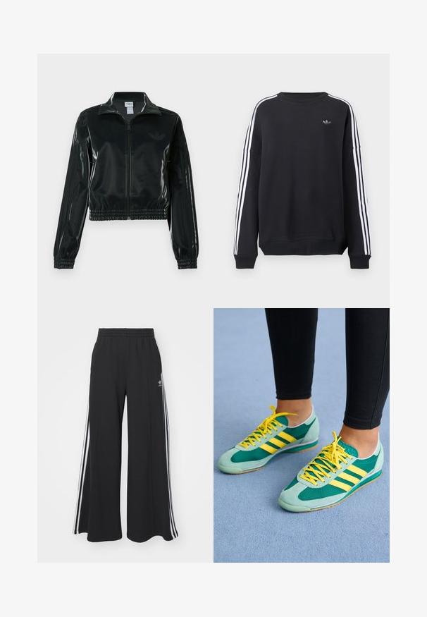 Casaco curto preto brilhante com fecho de correr frontal, gola alta e bainha elástica. Apresenta três riscas nas mangas e um pequeno logotipo no peito.; Sweatshirt preta de manga comprida, com riscas brancas a correr ao longo de cada braço e um pequeno logótipo cinza no peito. Material de algodão, corte casual.; Calças de suor largas e pretas com uma cintura elástica, apresentando riscas brancas nas laterais e um logótipo bordado na coxa esquerda.; Tênis atléticos verde e azul-turquesa com cadarços amarelos e três riscas amarelas. Material em camurça e malha, solas de borracha e um design de perfil baixo.