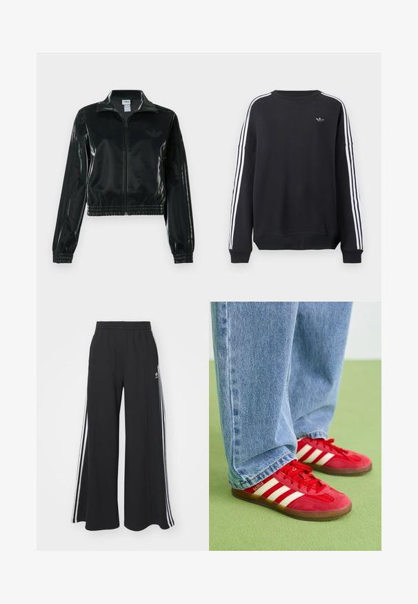 Casaco curto preto brilhante com fecho de correr frontal, gola alta e bainha elástica. Apresenta três riscas nas mangas e um pequeno logotipo no peito.; Sweatshirt preta de manga comprida, com riscas brancas a correr ao longo de cada braço e um pequeno logótipo cinza no peito. Material de algodão, corte casual.; Calças de suor largas e pretas com uma cintura elástica, apresentando riscas brancas nas laterais e um logótipo bordado na coxa esquerda.; Tênis de camurça vermelhos com três riscas brancas, biqueira redonda e sola texturizada, combinados com jeans de ganga azul claro em um fundo verde.