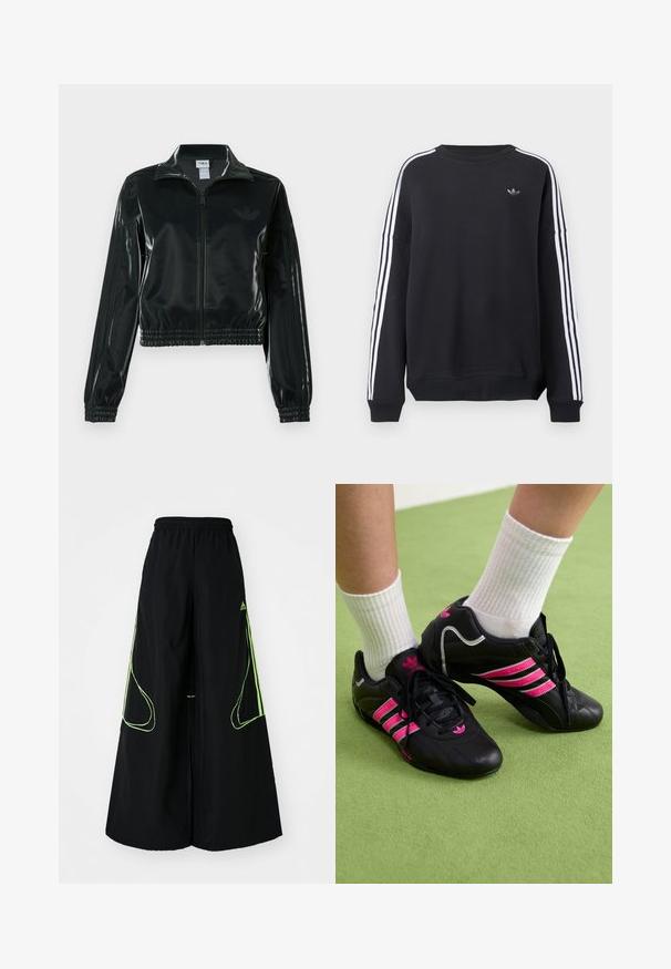 Juoda blizgi trumpa striukė su užtrauktuku priekyje, aukštu apykakliu ir elastine apačia. Rankovėse trys dryžiai ir mažas logotipas ant krūtinės.; Juodas džemperis su ilgomis rankovėmis, baltomis juostomis, einančiomis kiekviena ranka žemyn, ir mažu pilku logotipu ant krūtinės. Medvilnės medžiaga, laisvo stiliaus prigludimas.; adidas Originals TEAMGEIST ADICOLOR OVERSIZED - Treningo apatinė dalis - black/signal green; Juodi sportiniai bateliai su trimis rožinėmis juostelėmis, tekstūruota odinė viršutinė dalis, juodi raišteliai ir logotipo detalė, derinami su baltais raukšlėtais kojiniais ant žalios paviršiaus.