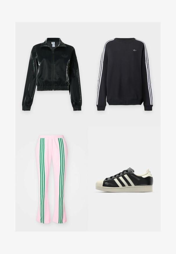 Melna spīdīga īsā jaka ar rāvējslēdzēja priekšpusi, augstu apkakli un elastīgu apakšu. Piedevas ir trīs svītras uz piedurknēm un neliels logotips uz krūtīm.; Melnas sporta džemperis ar garām piedurknēm, baltas svītras gar katru roku un neliels pelēks logotips uz krūtīm. Kokvilnas materiāls, ikdienišķa piegriezuma forma.; adidas Originals Treniņtērpa apakšdaļas - true pink; Melna ādas sporta apava ar baltām svītrām, gumijas purngala aizsardzību, melnām auklām un krēma krāsas zoli. Gluda tekstūra ar spīdīgu apdari.