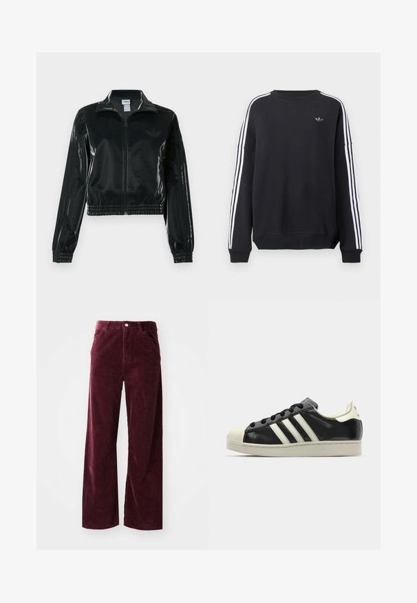 Sort blank cropped jakke med glidelås foran, høy krage og elastisk nederkant. Har tre striper på ermene og en liten logo på brystet.; Svart genser med lange ermer, hvite striper langs hver arm og en liten grå logo på brystet. Laget av bomull, avslappet passform.; Burgunderfargede kordfløyelsbukser med vid ben, som har frontlommer, knappelukking og ribbet tekstur gjennom hele.; Svarte skinnsneakers med hvite striper, gummitopp, svarte lisser og en kremfarget såle. Glatt tekstur med blank finish.
