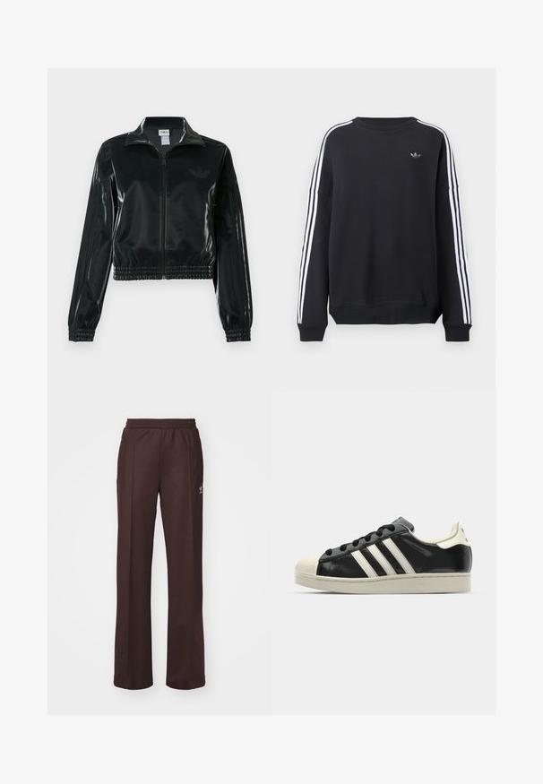 Sort blank cropped jakke med glidelås foran, høy krage og elastisk nederkant. Har tre striper på ermene og en liten logo på brystet.; Svart genser med lange ermer, hvite striper langs hver arm og en liten grå logo på brystet. Laget av bomull, avslappet passform.; Brune idrettsbukser med elastisk midjebånd, to sidelommer og en liten logo på venstre side, laget av et mykt stoff.; Svarte skinnsneakers med hvite striper, gummitopp, svarte lisser og en kremfarget såle. Glatt tekstur med blank finish.