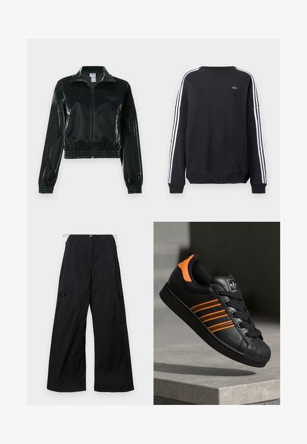 Casaco curto preto brilhante com fecho de correr frontal, gola alta e bainha elástica. Apresenta três riscas nas mangas e um pequeno logotipo no peito.; Sweatshirt preta de manga comprida, com riscas brancas a correr ao longo de cada braço e um pequeno logótipo cinza no peito. Material de algodão, corte casual.; Calças largas pretas feitas de tecido leve, com fecho de botão na frente, cintura elástica com cordão e detalhe de bolso lateral tipo cargo.; Sapatilha preta com detalhes laranja, três riscas horizontais, parte superior em couro texturizado, bico de borracha e atacadores pretos.