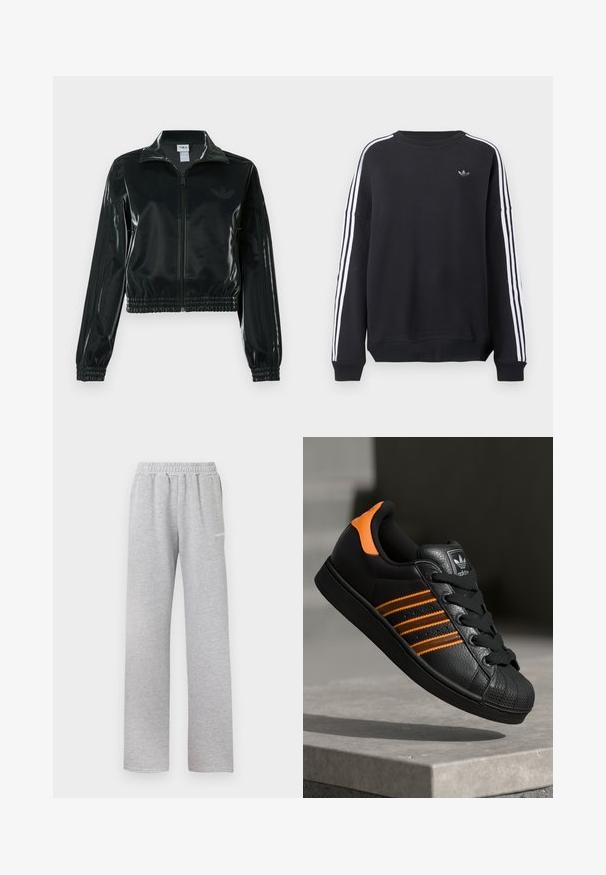 Casaco curto preto brilhante com fecho de correr frontal, gola alta e bainha elástica. Apresenta três riscas nas mangas e um pequeno logotipo no peito.; Sweatshirt preta de manga comprida, com riscas brancas a correr ao longo de cada braço e um pequeno logótipo cinza no peito. Material de algodão, corte casual.; Calças de moletom cinza claro com cintura elástica, design de perna reta e um pequeno logótipo branco na coxa esquerda. Tecido macio e texturizado.; Sapatilha preta com detalhes laranja, três riscas horizontais, parte superior em couro texturizado, bico de borracha e atacadores pretos.