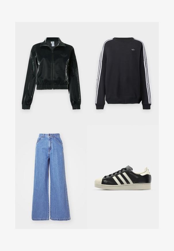 Casaco curto preto brilhante com fecho de correr frontal, gola alta e bainha elástica. Apresenta três riscas nas mangas e um pequeno logotipo no peito.; Sweatshirt preta de manga comprida, com riscas brancas a correr ao longo de cada braço e um pequeno logótipo cinza no peito. Material de algodão, corte casual.; adidas Originals Calças de ganga de perna direita - light denim; Sapatilha de couro preto com riscas brancas, biqueira de borracha, atacadores pretos e sola na cor creme. Textura suave com acabamento brilhante.