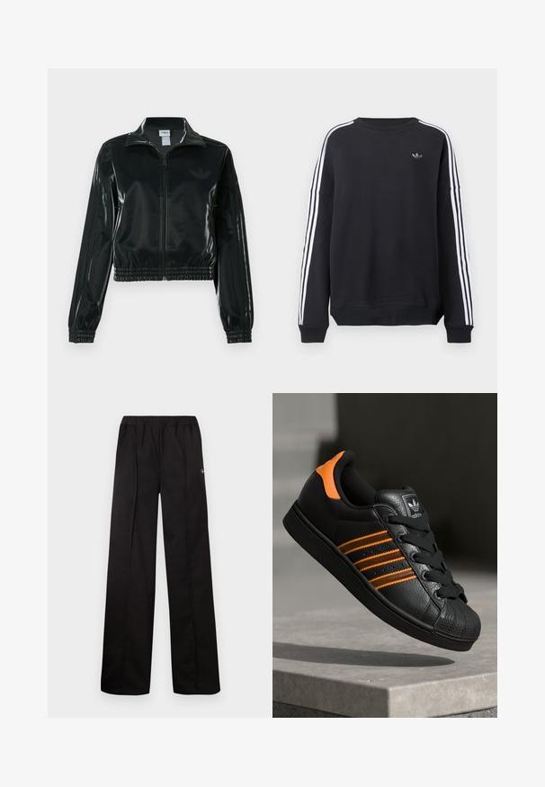 Black glossy cropped jacket with a zip front, high collar, and elasticized hem. Features three stripes on sleeves and a small logo on the chest.; Black sweatshirt with long sleeves, white stripes running down each arm, and a small gray logo on the chest. Cotton material, casual fit.; Black, wide-leg pants with an elastic waistband. Made from soft material with minimal detailing, featuring a small logo on one side.; Black sneaker with orange accents, three horizontal stripes, textured leather upper, rubber toe cap, and black laces.