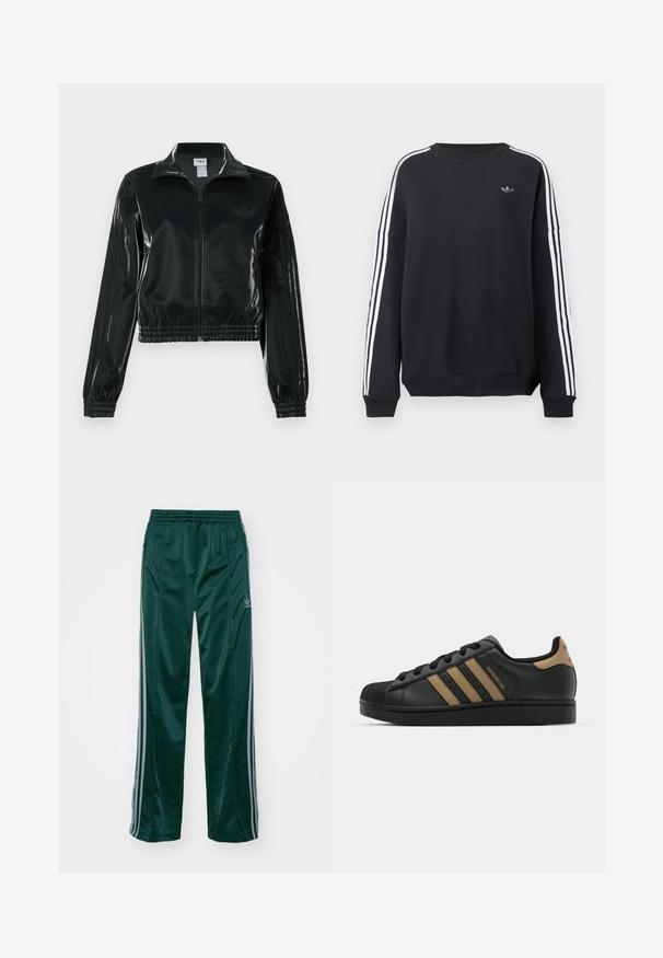 Črno, sijočo kratko jakno z zadrgo spredaj, visokim ovratnikom in elastičnim spodnjim robom. Na rokavih so tri črte, na prsih pa majhen logotip.; Črni pulover s kapuco z dolgimi rokavi, belimi črtami vzdolž vsake roke in majhnim sivim logotipom na prsih. Bombažni material, priložnostni kroj.; Temnozelene športne hlače iz svetlečega materiala, ki imajo stranske črte v svetlo sivi barvi in izšitega logotipa na levem hlačnem nogavu.; Črne usnjene superge s tremi rjavimi črtami, teksturiran zaščitni pokrov na prstih, vezalni sprednji del in ravno črna podplat. Vsebuje subtilen logotip na peti.