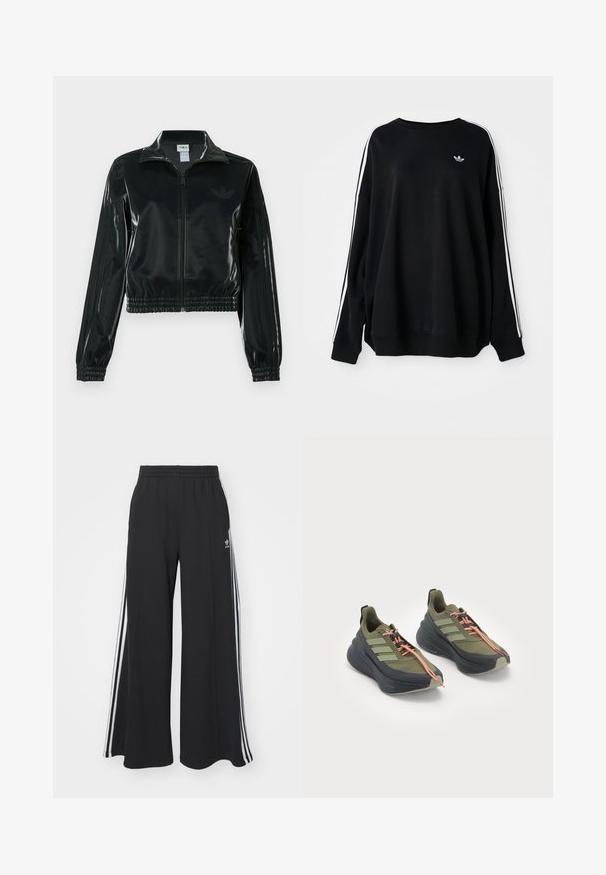 Zwarte glanzende cropped jas met een ritssluiting aan de voorkant, hoge kraag en elastische zoom. Voorzien van drie strepen op de mouwen en een klein logo op de borst.; Zwarte oversized sweatshirt van zachte stof, met witte strepen langs de mouwen en een klein logo op de borst. Ronde halslijn.; Zwarte wijde sweatpants met een elastische tailleband, met witte zijstrepen en een geborduurd logo op de linker dij.; Olijfgroene sport schoenen met zwarte accenten, dikke zolen en oranje veters. Bevat drie groene strepen aan de zijkant en een gestructureerde loopzool.