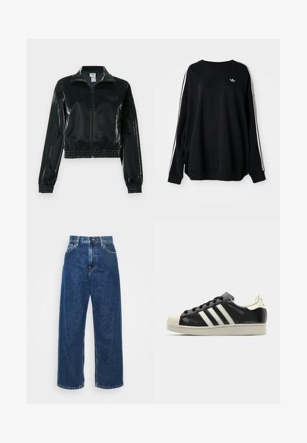 Fekete, fényes rövidített dzseki cipzárral az elején, magas gallérral és elasztikus szegéllyel. Három csík díszíti az ujjakat, és kis logó található a mellrészen.; Fekete, harang formájú pulóver puha anyagból, fehér csíkokkal a karokon és egy kis logóval a mellkasán. Kerek nyakú.; Világoskék farmer széles lábú nadrág magas derékkal, látható varrással és standard zsebekkel. Gombos és cipzáros záródással rendelkezik.; Fekete bőrsneaker fehér csíkokkal, gumírozott orral, fekete fűzővel és krém színű talppal. Simaság és fényes felület jellemzi.