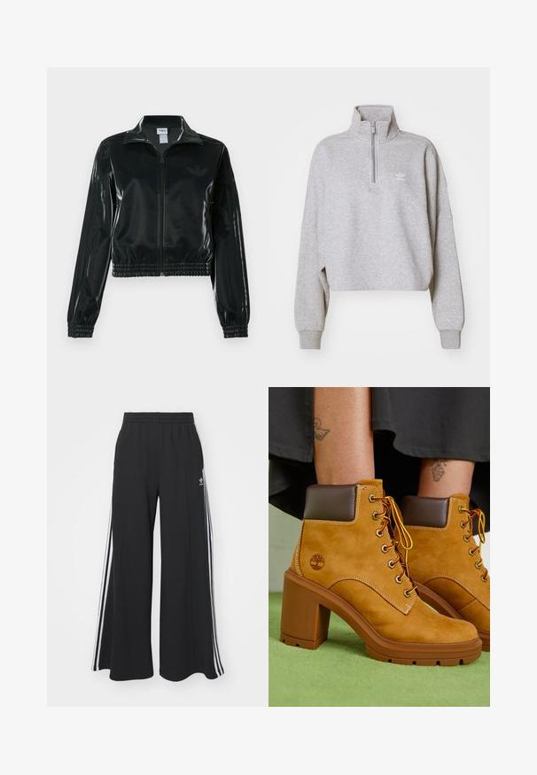 Fekete, fényes rövidített dzseki cipzárral az elején, magas gallérral és elasztikus szegéllyel. Három csík díszíti az ujjakat, és kis logó található a mellrészen.; Szürke cropped kapucnis pulóver magas gallérral, félig zippes és laza ujakkal. A mellrészen egy apró fehér logó található. Puha anyagból készült.; Fekete, bő szárú melegítőnadrág, rugalmas derékkal, fehér oldalsávokkal és hímzett logóval a bal combon.; Villás barna sarkú, taupe színű bokacsizma barna szegéllyel, arany fűzőlyukakkal és sárga fűzővel. Vastag barna sarkával és logó részlettel az oldalon.