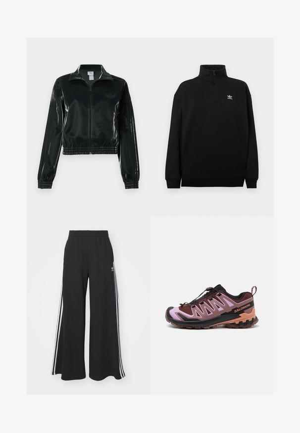 Casaco curto preto brilhante com fecho de correr frontal, gola alta e bainha elástica. Apresenta três riscas nas mangas e um pequeno logotipo no peito.; Sweatshirt preta com fecho de meio zíper, feita de tecido macio, apresentando uma gola alta, punhos canelados e um pequeno logótipo branco da Adidas no peito.; Calças de suor largas e pretas com uma cintura elástica, apresentando riscas brancas nas laterais e um logótipo bordado na coxa esquerda.; Sapato de trail running em preto, carmesim e rosa. Apresenta um upper em malha, sistema de atilhos integrado, sola texturizada e um contra-forte estabilizador no calcanhar.