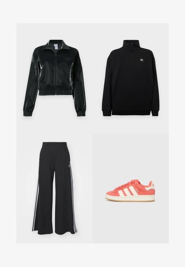 Casaco curto preto brilhante com fecho de correr frontal, gola alta e bainha elástica. Apresenta três riscas nas mangas e um pequeno logotipo no peito.; Sweatshirt preta com fecho de meio zíper, feita de tecido macio, apresentando uma gola alta, punhos canelados e um pequeno logótipo branco da Adidas no peito.; Calças de suor largas e pretas com uma cintura elástica, apresentando riscas brancas nas laterais e um logótipo bordado na coxa esquerda.; Sapatilha de camurça rosa com riscas creme, atacadores redondos e uma lingueta texturizada. Apresenta uma sola de borracha de goma e um logótipo no calcanhar.