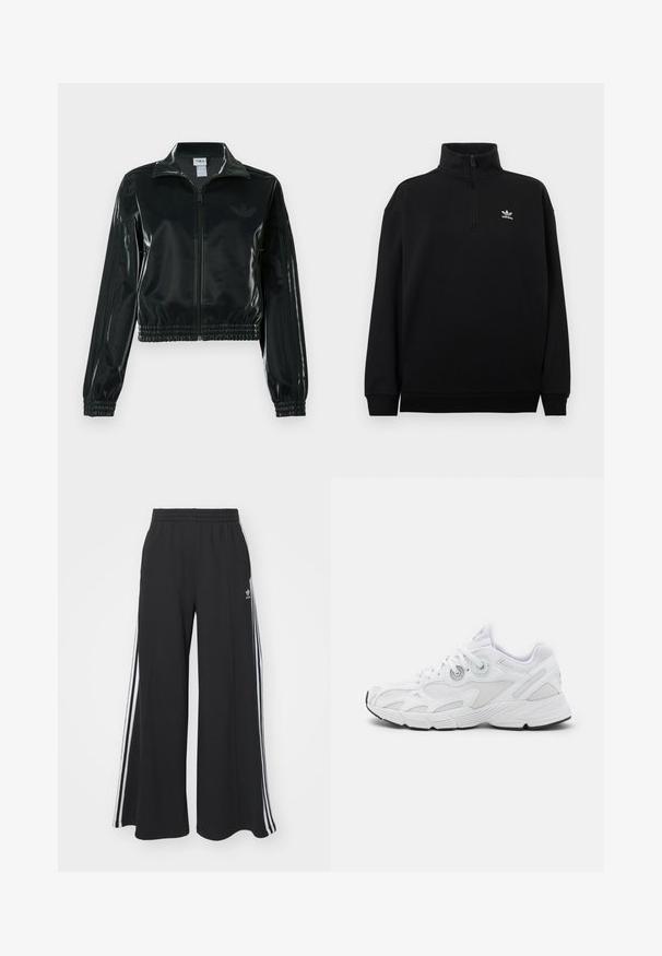 Zwarte glanzende cropped jas met een ritssluiting aan de voorkant, hoge kraag en elastische zoom. Voorzien van drie strepen op de mouwen en een klein logo op de borst.; Zwart quarter-zip sweatshirt van zacht materiaal, met een hoge kraag, geribbelde manchetten en een klein wit Adidas-logo op de borst.; Zwarte wijde sweatpants met een elastische tailleband, met witte zijstrepen en een geborduurd logo op de linker dij.; Witte sportschoenen met een mesh bovenwerk, gestructureerd ontwerp, ronde punt, gewatteerde kraag en rubberen zool met een zwarte accenten.