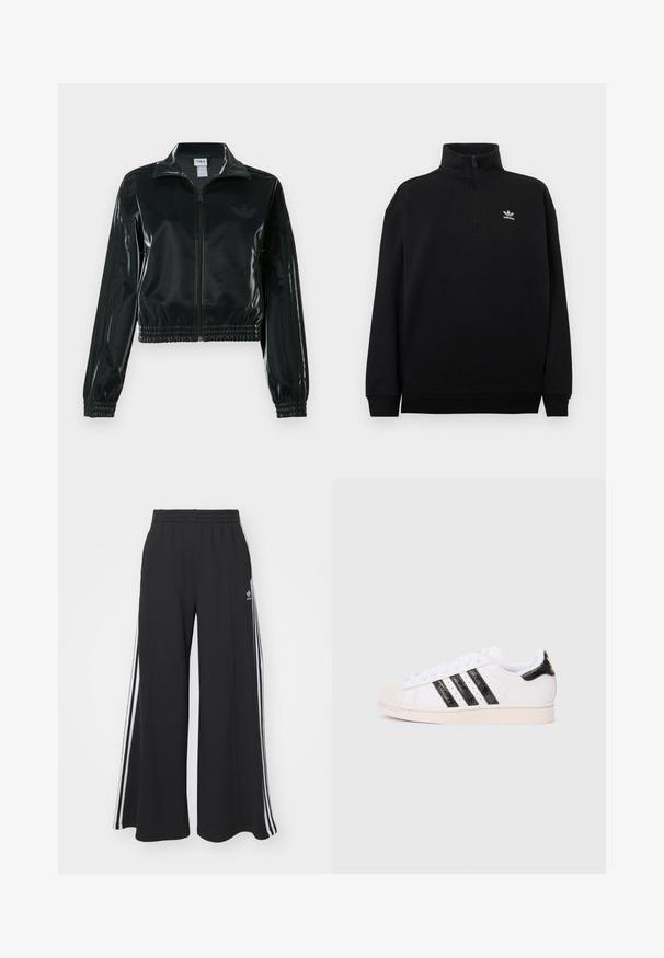 Casaco curto preto brilhante com fecho de correr frontal, gola alta e bainha elástica. Apresenta três riscas nas mangas e um pequeno logotipo no peito.; Sweatshirt preta com fecho de meio zíper, feita de tecido macio, apresentando uma gola alta, punhos canelados e um pequeno logótipo branco da Adidas no peito.; Calças de suor largas e pretas com uma cintura elástica, apresentando riscas brancas nas laterais e um logótipo bordado na coxa esquerda.; Sapatilha branca com riscas e detalhes texturizados pretos; apresenta uma biqueira de borracha, atacadores planos e acolchoado à volta do tornozelo.