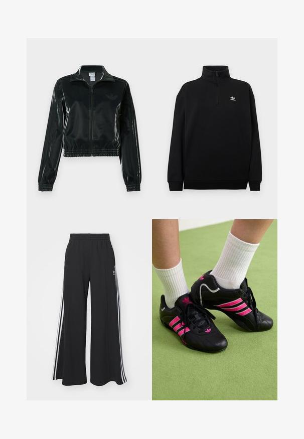 Black glossy cropped jacket with a zip front, high collar, and elasticized hem. Features three stripes on sleeves and a small logo on the chest.; Black quarter-zip sweatshirt made of soft fabric, featuring a high collar, ribbed cuffs, and a small white Adidas logo on the chest.; Black wide-leg sweatpants with an elastic waistband, featuring white side stripes and an embroidered logo on the left thigh.; Black athletic shoes with three pink stripes, textured leather upper, black laces, and logo detail, paired with white ribbed socks on green surface.