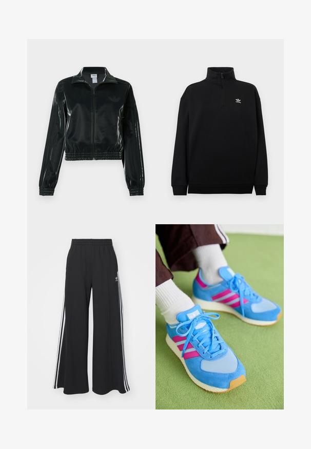 Black glossy cropped jacket with a zip front, high collar, and elasticized hem. Features three stripes on sleeves and a small logo on the chest.; Black quarter-zip sweatshirt made of soft fabric, featuring a high collar, ribbed cuffs, and a small white Adidas logo on the chest.; Black wide-leg sweatpants with an elastic waistband, featuring white side stripes and an embroidered logo on the left thigh.; Blue athletic shoes made of suede and mesh, featuring pink stripes, round toe, and textured rubber sole. Laces are light blue.