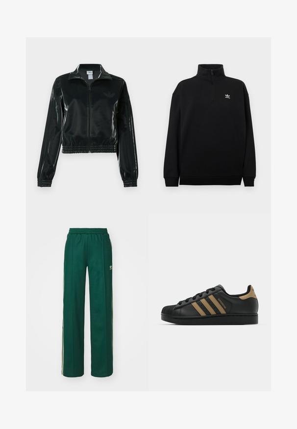 Sort blank cropped jakke med glidelås foran, høy krage og elastisk nederkant. Har tre striper på ermene og en liten logo på brystet.; Svart quarter-zip genser laget av mykt stoff, med høy krage, ribbestrikkede mansjetter og en liten hvit Adidas-logo på brystet.; Mørkegrønne treningsbukser med en avslappet passform, som har en snor i livet, sidelommer og kremfargede striper langs sidene.; Svarte lærersneakers med tre brune striper, teksturert gummitåhette, snøring foran og flat svart såle. Har en subtil logo på hælen.