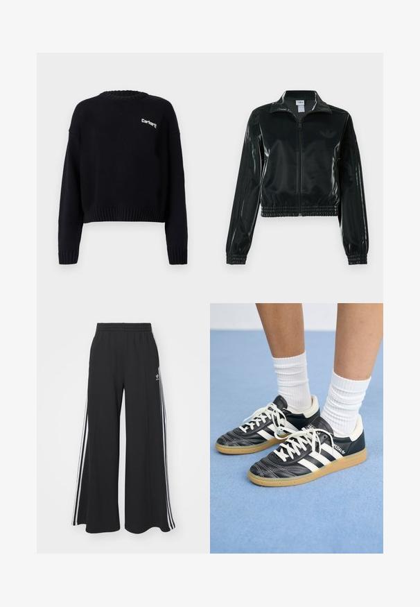 Zwarte glanzende cropped jas met een ritssluiting aan de voorkant, hoge kraag en elastische zoom. Voorzien van drie strepen op de mouwen en een klein logo op de borst.; Zwarte gebreide trui met ronde hals, cropped ontwerp, geribbelde mouwen en zoom. Heeft een klein wit logo op de voorkant.; Zwarte wijde sweatpants met een elastische tailleband, met witte zijstrepen en een geborduurd logo op de linker dij.; Zwarte leren sneakers met witte strepen, ronde neus, witte veters en een gumrubberen zool. Versterkt met een gevoerd kraag en merkdetails.