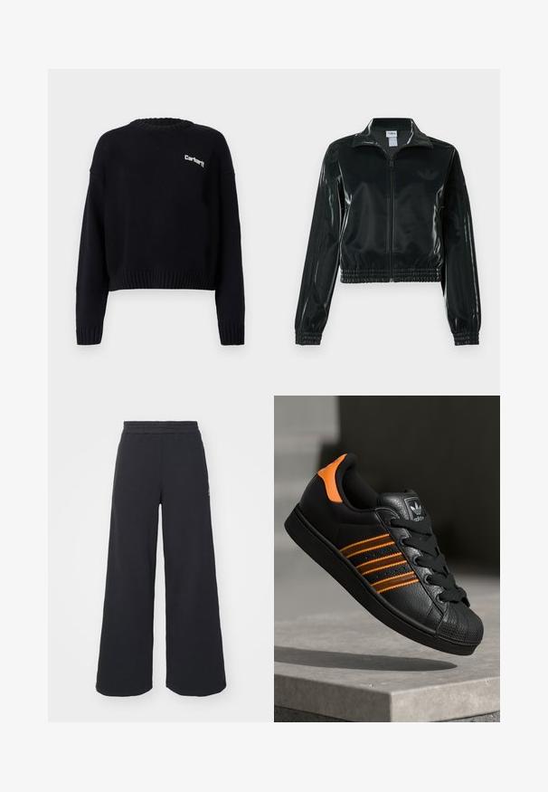 Svart glansig kort jacka med dragkedja framtill, hög krage och elastisk nederkant. Har tre ränder på ärmarna och en liten logga på bröstet.; Svart stickad tröja med rundad halsringning, kort design, ribbade ärmslut och nederkant. Har en liten vit logotyp på framsidan.; Svarta vida sweatpants tillverkade av mjukt tyg, med ett elastiskt midjeband och en liten logotyp på vänster sida.; Svart sneakers med orange detaljer, tre horisontella ränder, texturerad läderöverdel, gummitåhuvud och svarta snören.