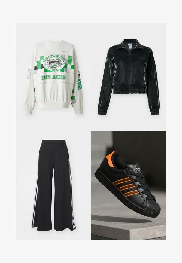 Casaco curto preto brilhante com fecho de correr frontal, gola alta e bainha elástica. Apresenta três riscas nas mangas e um pequeno logotipo no peito.; Sweatshirt branco com design de tabuleiro em verde e cinza, rótulo "RITETOWN TENNIS CLUB" e texto "THE ACES" na parte da frente. Punhos elásticos.; Calças de suor largas e pretas com uma cintura elástica, apresentando riscas brancas nas laterais e um logótipo bordado na coxa esquerda.; Sapatilha preta com detalhes laranja, três riscas horizontais, parte superior em couro texturizado, bico de borracha e atacadores pretos.