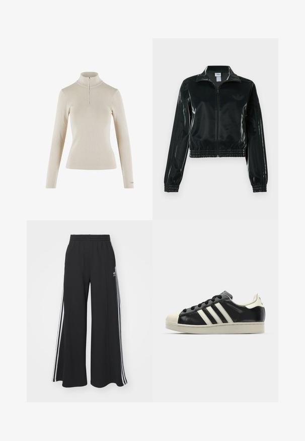 Svart glansig kort jacka med dragkedja framtill, hög krage och elastisk nederkant. Har tre ränder på ärmarna och en liten logga på bröstet.; Ljusbeige långärmad topp med polokrage gjord av ribbat tyg, med en kvart dragkedja vid halsen och en kroppsnära passform.; Svarta vida sweatpants med elastisk midje, med vita sidosträck och en broderad logotyp på vänster lår.; Svart lädersneaker med vita ränder, gummitåhätta, svarta snören och en krämfärgad sula. Slät textur med blank yta.