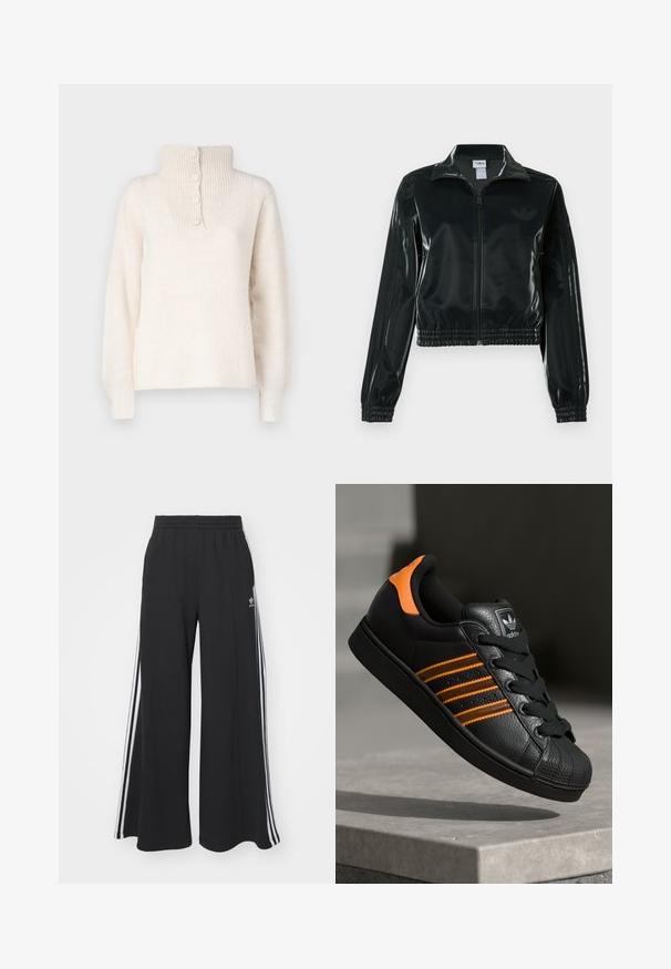 Must läikiv lühike jakk lukuga esiküljel, kõrge krae ja elastse äärega. Varrukatel on kolm triipu ja rinnal väike logo.; JDY INGEBORG LIFE - Džemper - pumice stone; Mustad laiad trenni püksid elastse vöökohtaga, millel on valged küljeribad ja tikitud logo vasakul reiel.; Mustad mustad mustad oranzhides üksikasjad, kolm horisontaalset triipu, tekstureeritud nahk pealisosa, kummist varbaosa ja mustad paelad.