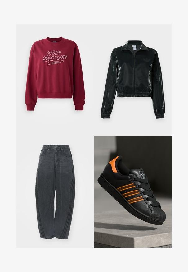 Melna spīdīga īsā jaka ar rāvējslēdzēja priekšpusi, augstu apkakli un elastīgu apakšu. Piedevas ir trīs svītras uz piedurknēm un neliels logotips uz krūtīm.; Bordo sporta krekls ar apaļu kakla izgriezumu, kas rotāts ar baltu "New Balance" logotipu un tekstu "Athletics". Ribotu piedurkņu un apakšmalu, mīksts materiāls.; Lielas melnas džinsu bikses ar izbalējušu apdari, piecām kabatām, vidukļa pogu aizdari un izšuvumiem priekšpusē un sānos.; Melnas kedas ar oranžiem akcentiem, trīs horizontālas svītras, teksturēts ādas augšdaļa, gumijas purngala daļa un melnas auklas.