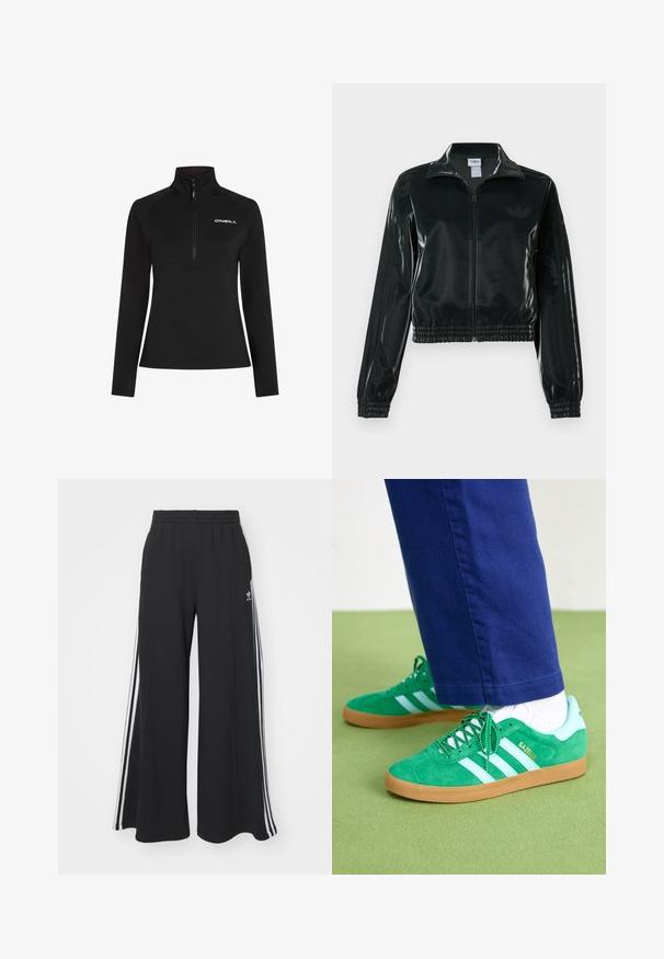 Sort, glinsende cropped jakke med lynlås foran, høj krave og elastisk kant. Har tre striber på ærmerne og et lille logo på brystet.; Sort fleece pullover med en kvart-zip og høj krave. Har lange ærmer og et hvidt logo på brystet. Glat tekstur.; Sorte brede sweatpants med elastisk talje, med hvide sidelommer og et broderet logo på venstre lår.; Grønne ruskindsneakers med hvide striber og accenter, gummigummisål, med grønne snørebånd og branding på siden.