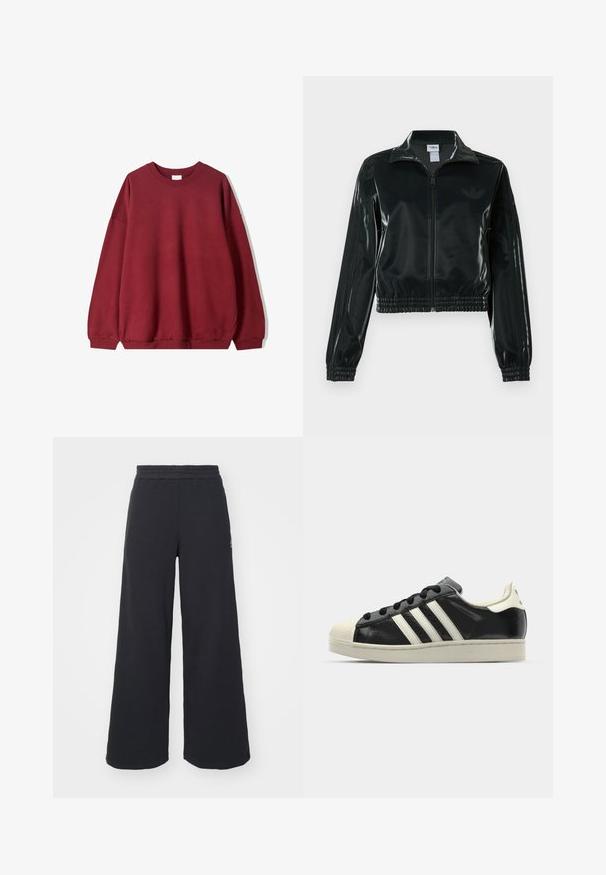 Černá lesklá zkrácená bunda se zipem vpředu, vysokým límcem a elastickým lemem. Má tři pruhy na rukávech a malé logo na hrudi.; Burgundská mikina s volným střihem, s kulatým výstřihem a spadlými rameny, vystavená na jednoduchém bílém pozadí.; Černé široké tepláky vyrobené z měkké tkaniny, s elastickým pasem a malým logem na levé straně.; Černé kožené sneakers s bílými pruhy, gumovou špičkou, černými tkaničkami a krémovou podešví. Hladký povrch s lesklým finišem.