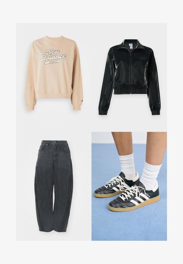 Melna spīdīga īsā jaka ar rāvējslēdzēja priekšpusi, augstu apkakli un elastīgu apakšu. Piedevas ir trīs svītras uz piedurknēm un neliels logotips uz krūtīm.; Beige sporta krekls ar ribotu apkakli un piedurknēm. Iezīmēts ar lielu tumši pelēku "New Balance Athletics" logo. Mīksta tekstūra, brīvs piegriezums.; Lielas melnas džinsu bikses ar izbalējušu apdari, piecām kabatām, vidukļa pogu aizdari un izšuvumiem priekšpusē un sānos.; Melnas ādas sporta apavus ar baltām svītrām, apaļu purngalu, baltām auklām un gumijas zoli. Izceļas ar mīksto apkakli un zīmola detaļām.