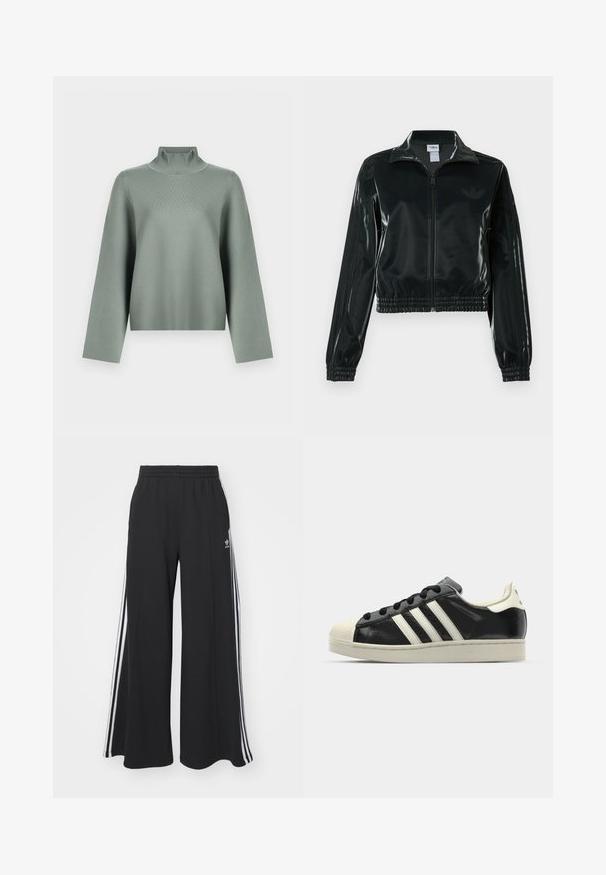 Black glossy cropped jacket with a zip front, high collar, and elasticized hem. Features three stripes on sleeves and a small logo on the chest.; Light sage green knit sweater with long wide sleeves and a high ribbed turtleneck collar on a white background.; Black wide-leg sweatpants with an elastic waistband, featuring white side stripes and an embroidered logo on the left thigh.; Black leather sneaker with white stripes, rubber toe cap, black laces, and a cream-colored outsole. Smooth texture with shiny finish.