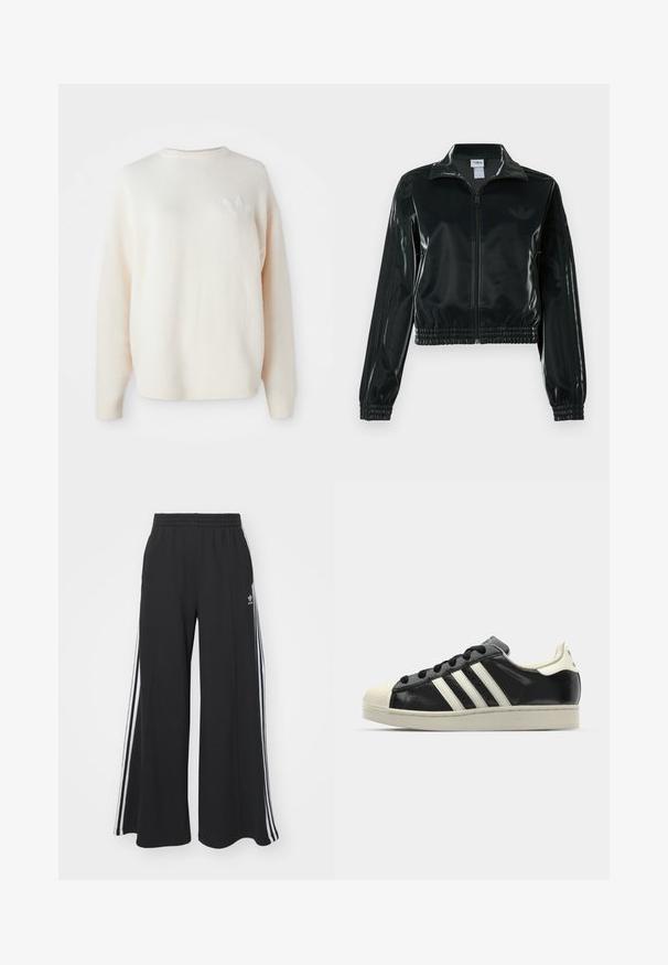 Casaco curto preto brilhante com fecho de correr frontal, gola alta e bainha elástica. Apresenta três riscas nas mangas e um pequeno logotipo no peito.; Sweater de fleece oversized branco, com punhos e barra canelados. Apresenta um pequeno logótipo tonal no lado esquerdo do peito. Textura suave e ajuste descontraído.; Calças de suor largas e pretas com uma cintura elástica, apresentando riscas brancas nas laterais e um logótipo bordado na coxa esquerda.; Sapatilha de couro preto com riscas brancas, biqueira de borracha, atacadores pretos e sola na cor creme. Textura suave com acabamento brilhante.
