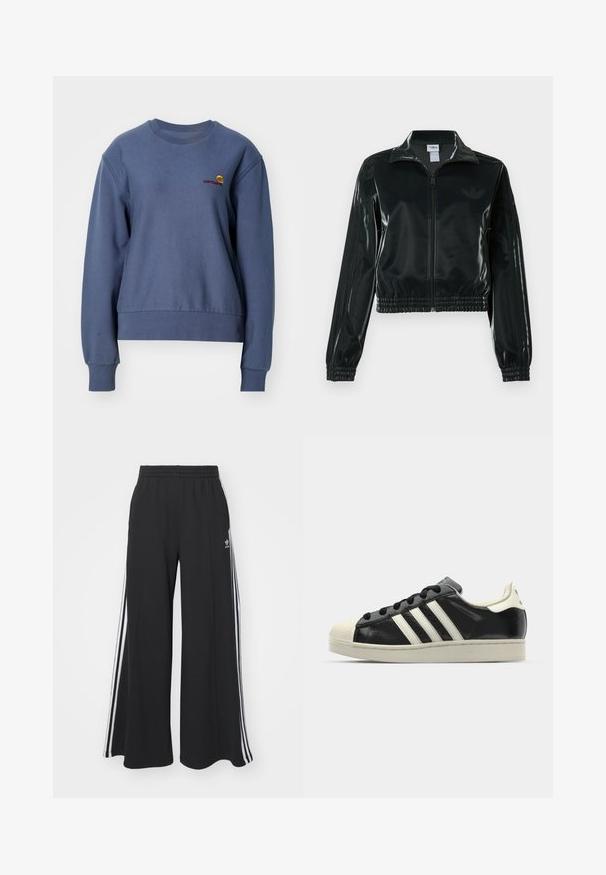Black glossy cropped jacket with a zip front, high collar, and elasticized hem. Features three stripes on sleeves and a small logo on the chest.; Carhartt WIP AMERICAN SCRIPT - Sweatshirt - positano; Black wide-leg sweatpants with an elastic waistband, featuring white side stripes and an embroidered logo on the left thigh.; Black leather sneaker with white stripes, rubber toe cap, black laces, and a cream-colored outsole. Smooth texture with shiny finish.