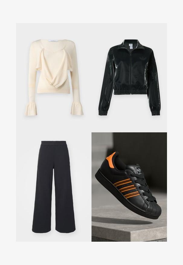 Black glossy cropped jacket with a zip front, high collar, and elasticized hem. Features three stripes on sleeves and a small logo on the chest.; Cream sweater featuring a deep V-neck, draped front design, and long sleeves with bell cuffs. Soft texture and button detail at the front.; Black wide-leg sweatpants made from soft fabric, featuring an elastic waistband and a small logo on the left side.; Black sneaker with orange accents, three horizontal stripes, textured leather upper, rubber toe cap, and black laces.