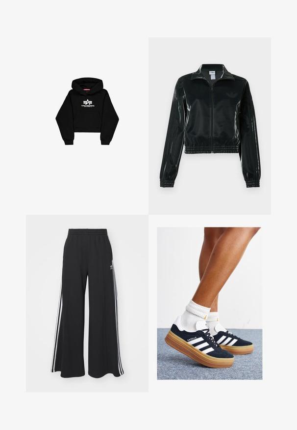 Czarna błyszcząca krótka kurtka na zamek błyskawiczny z przodu, z wysokim kołnierzem i elastycznym wykończeniem na dole. Na rękawach znajdują się trzy paski, a na piersi małe logo.; Czarna krótka bluza z kapturem wykonana z miękkiego materiału. Posiada kieszeń z przodu, ścianki rękawów wykończone ribbą oraz białe nadrukowane logo z paskami na klatce piersiowej.; Czarne szerokie spodnie dresowe z elastycznym pasem, z białymi paskami po bokach i haftowanym logo na lewej udzie.; Czarne zamszowe trampki z białymi paskami i akcentami, zaokrąglonym noskiem, gumową podeszwą w kolorze jasno-brązowym, zestawione z białymi żebrowanymi skarpetkami do kostki.