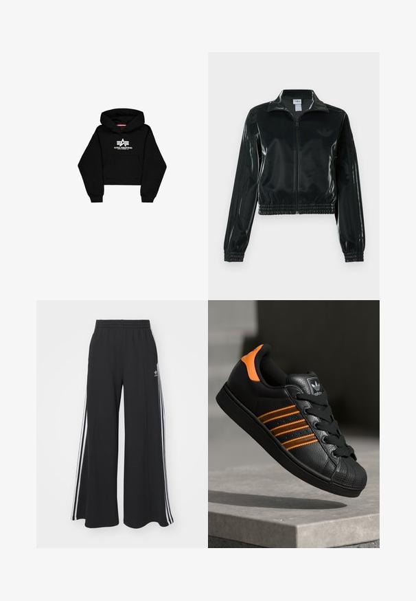 Jachetă neagră lucioasă, scurtă, cu fermoar frontal, guler înalt și tiv elastic. Are trei dungi pe mâneci și un mic logo pe piept.; Hanorac scurt negru dintr-un material moale. Are o buzunar frontal, manșete râșnite și un imprimeu cu logo alb cu dungi pe piept.; Pantaloni de trening negri cu croială largă, prevăzuți cu un brâu elastic, având dungi laterale albe și un logo brodat pe coapsa stângă.; Adidași negri cu accente portocalii, trei dungi orizontale, parte superioară din piele texturată, capac de cauciuc pentru vârf și șireturi negre.