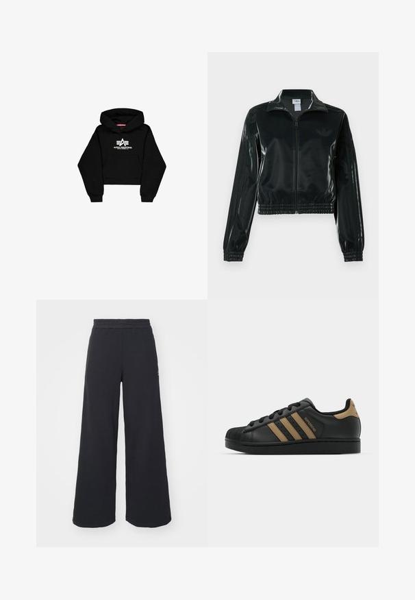 Sort blank cropped jakke med glidelås foran, høy krage og elastisk nederkant. Har tre striper på ermene og en liten logo på brystet.; Svart cropped hettegenser laget av myk stoff. Har en frontlomme, ribbede mansjetter og en hvit logo trykk med striper på brystet.; Svart bukse med vid benvidde laget av myk stoff, med elastisk midjebånd og en liten logo på venstre side.; Svarte lærersneakers med tre brune striper, teksturert gummitåhette, snøring foran og flat svart såle. Har en subtil logo på hælen.