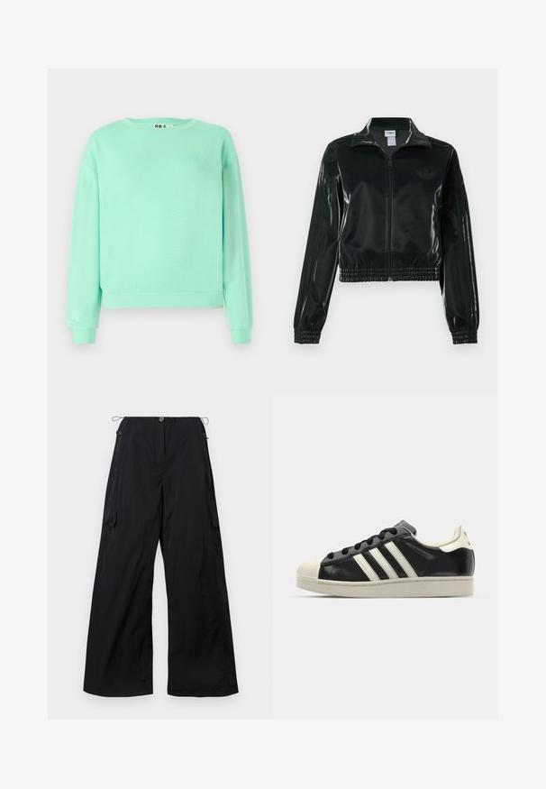 Črno, sijočo kratko jakno z zadrgo spredaj, visokim ovratnikom in elastičnim spodnjim robom. Na rokavih so tri črte, na prsih pa majhen logotip.; Bledo zelena dukserica, kratki ovratnik, dugi rukavi, rebrasti manžeti, meka tkanina, sa suptilnim izvezenim dizajnom na grudima.; Široke črne hlače iz lahkotnega materiala, ki imajo gumb na sprednji strani, pas z vrvico in detajle stranskega žepka za tovor.; Črne usnjene superge z belimi črtami, gumijastim pokrovom za prste, črnimi vezalkami in kremasto obrobo podplata. Gladka tekstura z sijočim zaključkom.