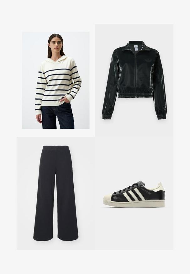 Black glossy cropped jacket with a zip front, high collar, and elasticized hem. Features three stripes on sleeves and a small logo on the chest.; Striped hoodie in cream with navy blue stripes, featuring a v-neck, long sleeves, and a relaxed fit, paired with dark denim jeans.; Black wide-leg sweatpants made from soft fabric, featuring an elastic waistband and a small logo on the left side.; Black leather sneaker with white stripes, rubber toe cap, black laces, and a cream-colored outsole. Smooth texture with shiny finish.